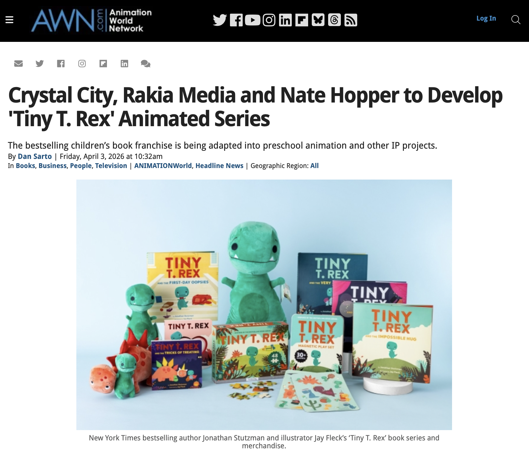 Animation World Network article: Crystal City, Rakia Media and Nate Hopper to Develop 'Tiny T. Rex' Animated Series