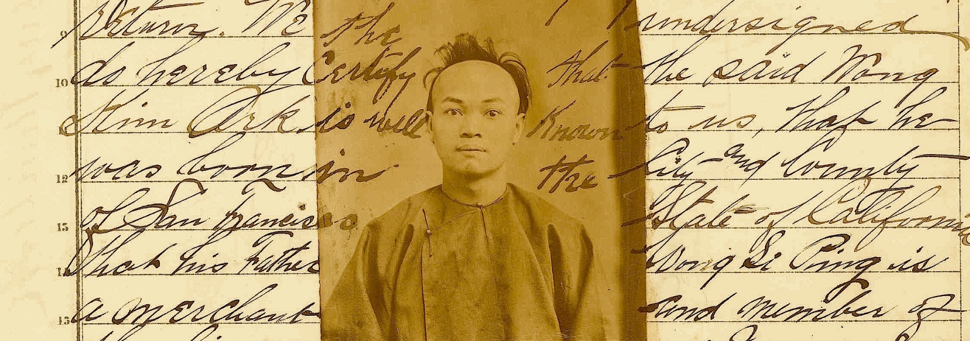 Archival portrait of Wong Kim Ark overlaid on handwritten immigration records