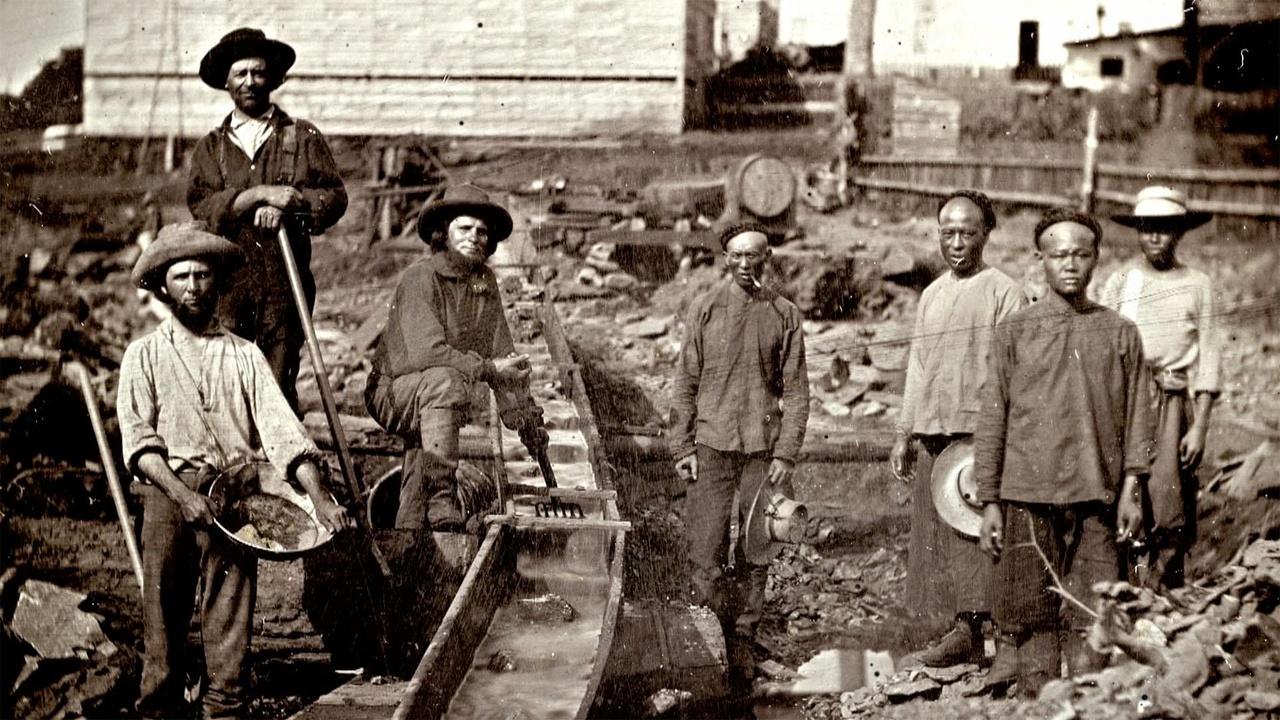 Archival photograph of Chinese and white miners during the California Gold Rush